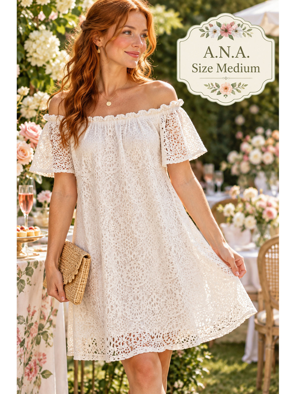 a.n.a | M | White Eyelet Lace Off the Shoulder Ruffle Dress